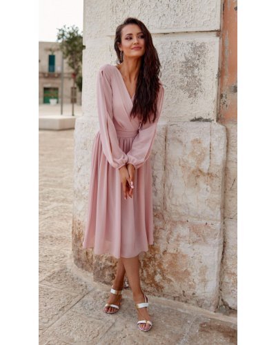 Rochie midi din voal roz pal vaporoasa cu maneca lunga Melen Rochii midi, Rochie midi din voal roz pal vaporoasa cu maneca lunga Melen - jojofashion.ro