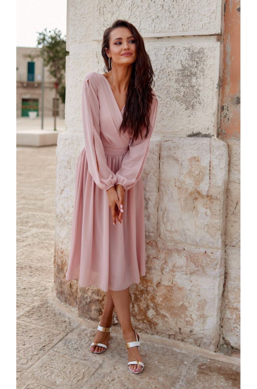 Rochie midi din voal roz pal vaporoasa cu maneca lunga Melen 1 - jojofashion.ro