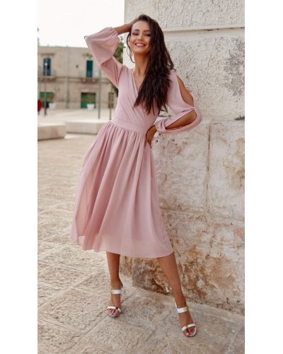 Rochie midi din voal roz pal vaporoasa cu maneca lunga Melen Rochii midi, Rochie midi din voal roz pal vaporoasa cu maneca lunga Melen - jojofashion.ro