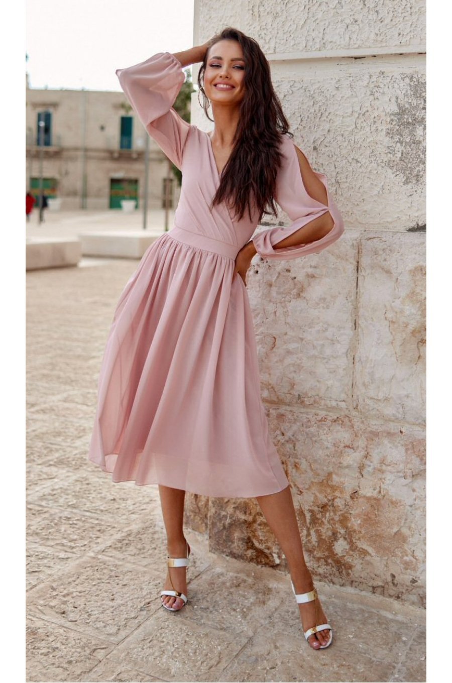 Rochie midi din voal roz pal vaporoasa cu maneca lunga Melen 2 - jojofashion.ro
