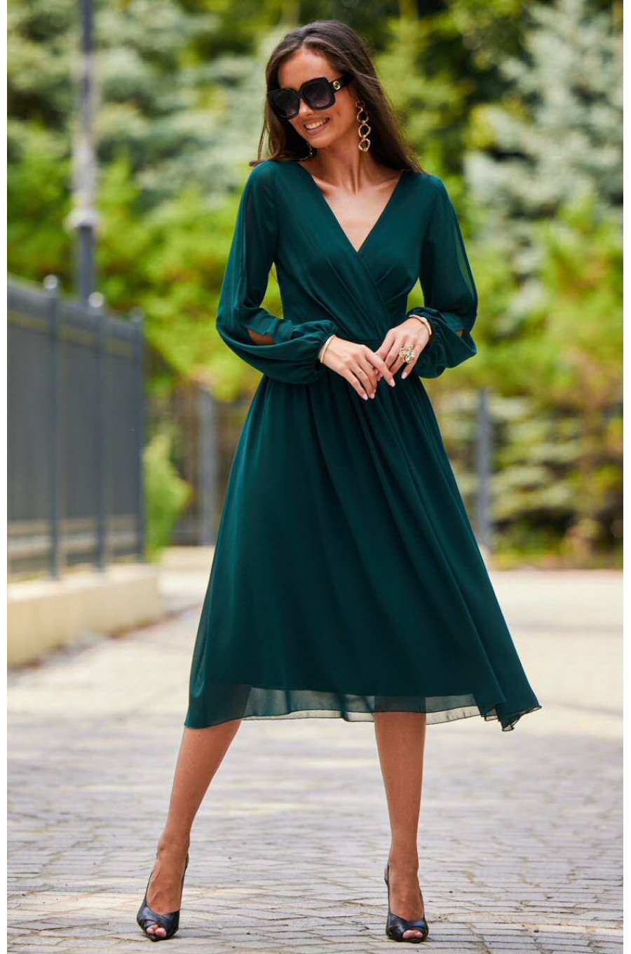 Rochie midi din voal verde, cu maneca lunga, vaporoasa, Melen Rochie midi din voal verde, cu maneca lunga, vaporoasa, Melen 7 - jojofashion.ro