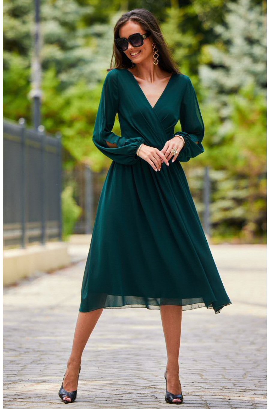 Rochie midi din voal verde, cu maneca lunga, vaporoasa, Melen 7 - jojofashion.ro