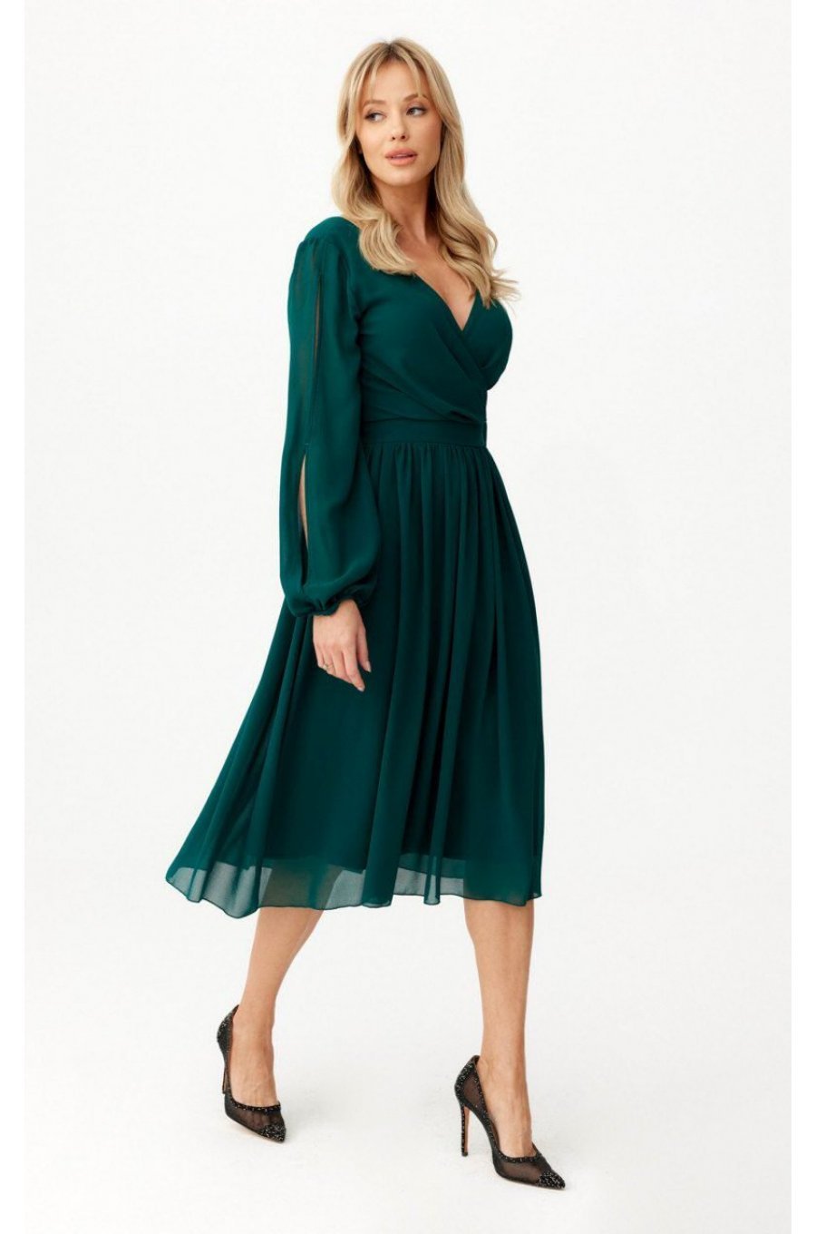 Rochie midi din voal verde, cu maneca lunga, vaporoasa, Melen 3 - jojofashion.ro