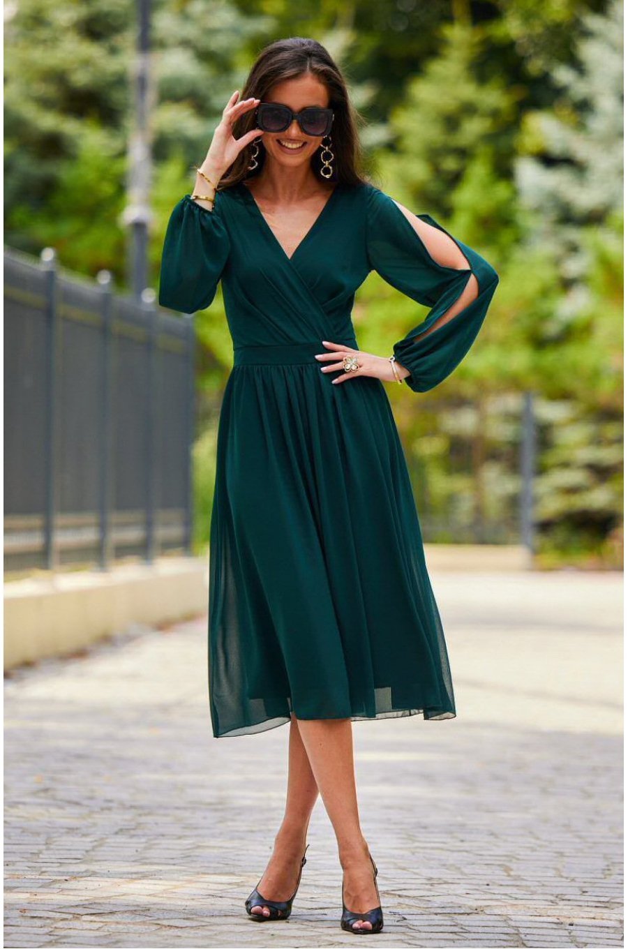 Rochie midi din voal verde, cu maneca lunga, vaporoasa, Melen 5 - jojofashion.ro