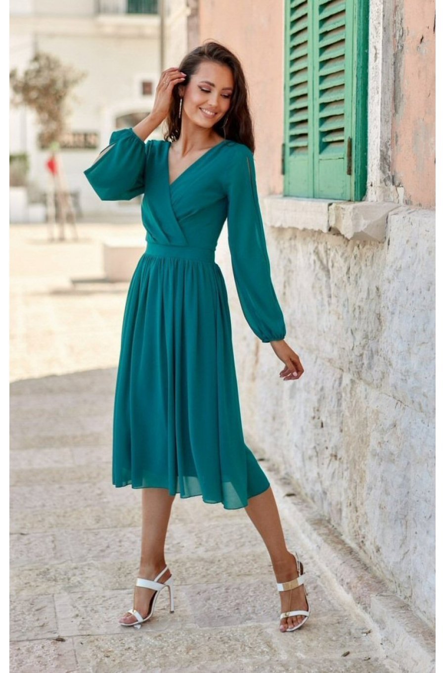 Rochie din voal verde turcoaz midi cu maneca lunga vaporoasa Melen 3 - jojofashion.ro