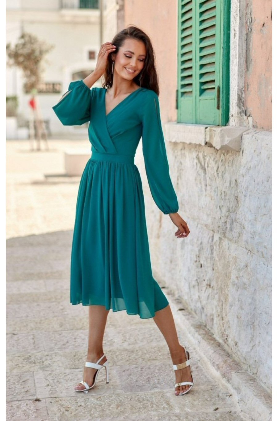 Rochie midi din voal verde turcoaz, cu maneca lunga, vaporoasa, Melen 3 - jojofashion.ro