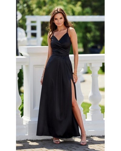 Rochie neagra eleganta lunga din satin petrecuta SalmaR Rochii satin, Rochie neagra eleganta lunga din satin petrecuta SalmaR - jojofashion.ro