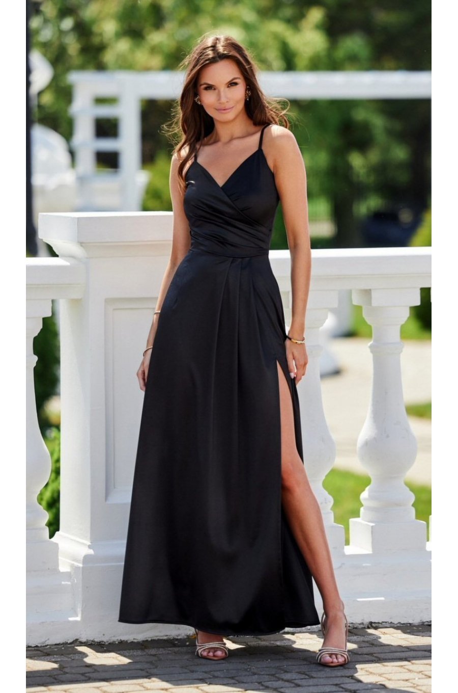 Rochie neagra eleganta lunga din satin petrecuta SalmaR 1 - jojofashion.ro