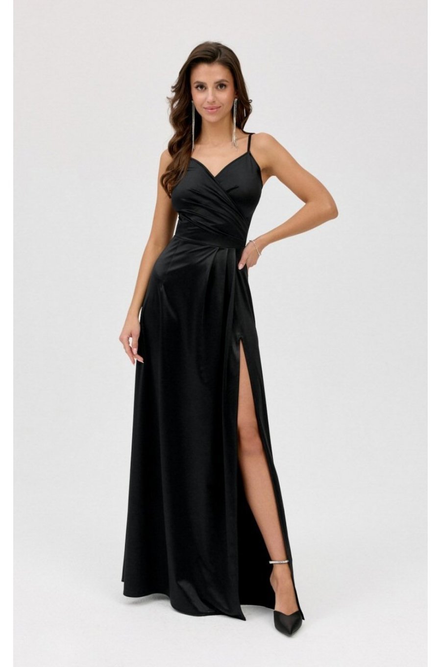 Rochie neagra eleganta lunga din satin petrecuta SalmaR 3 - jojofashion.ro