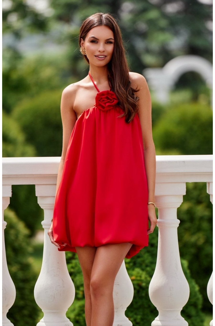 Rochie rosie din satin scurta babydoll cu umerii goi SienaR 1 - jojofashion.ro
