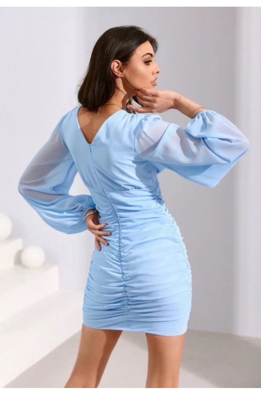 Rochie scurta mulata baby blue cu maneca lunga Elyanna 2 - jojofashion.ro
