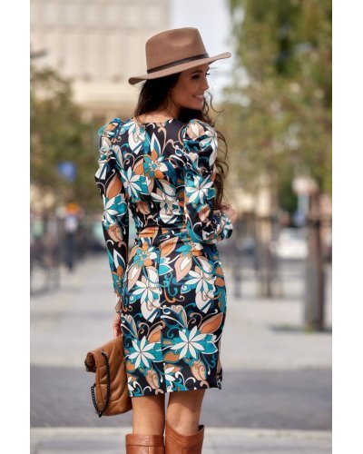 Rochie scurta mulata bleu turcoaz cu flori cu maneca lunga Fabianne Rochii scurte, Rochie scurta mulata bleu turcoaz cu flori cu maneca lunga Fabianne - jojofashion.ro