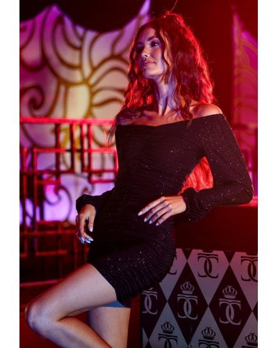 Rochie scurta neagra din brocard mulata cu umerii goi si maneca lunga incretita Whitney Rochii scurte, Rochie scurta neagra din brocard mulata cu umerii goi si maneca lunga incretita Whitney - jojofashion.ro
