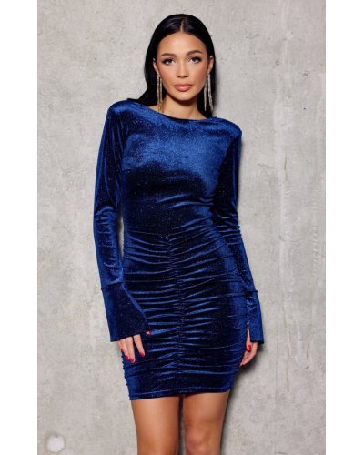 Rochie scurta mulata bleumarin din catifea si brocard cu maneca lunga Lorraine Rochii scurte, Rochie scurta mulata bleumarin din catifea si brocard cu maneca lunga Lorraine - jojofashion.ro