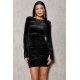 Rochie scurta din catifea neagra, mulata, cu maneca lunga, drapata, Lorraine 2 - jojofashion.ro