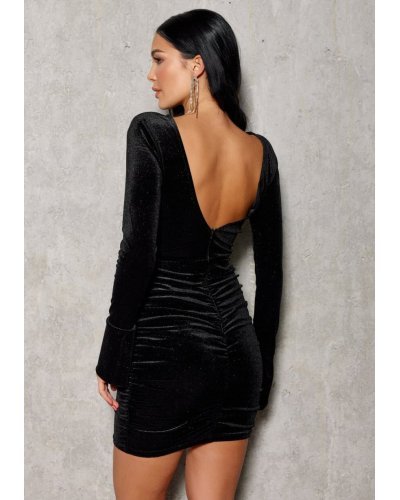 Rochii de Ocazie Elegante, Rochie scurta neagra mulata din catifea cu maneca lunga cu glitter Lorraine - jojofashion.ro