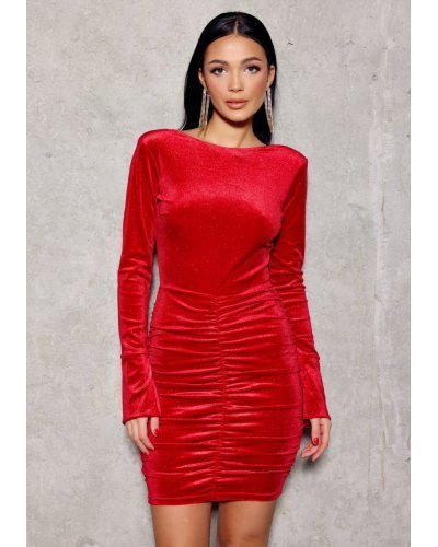 Rochie scurta rosie mulata din catifea cu maneca lunga Lorraine Rochii rosii, Rochie scurta rosie mulata din catifea cu maneca lunga Lorraine - jojofashion.ro