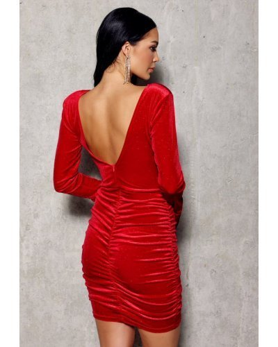 Rochie scurta rosie mulata din catifea cu maneca lunga Lorraine Rochii rosii, Rochie scurta rosie mulata din catifea cu maneca lunga Lorraine - jojofashion.ro