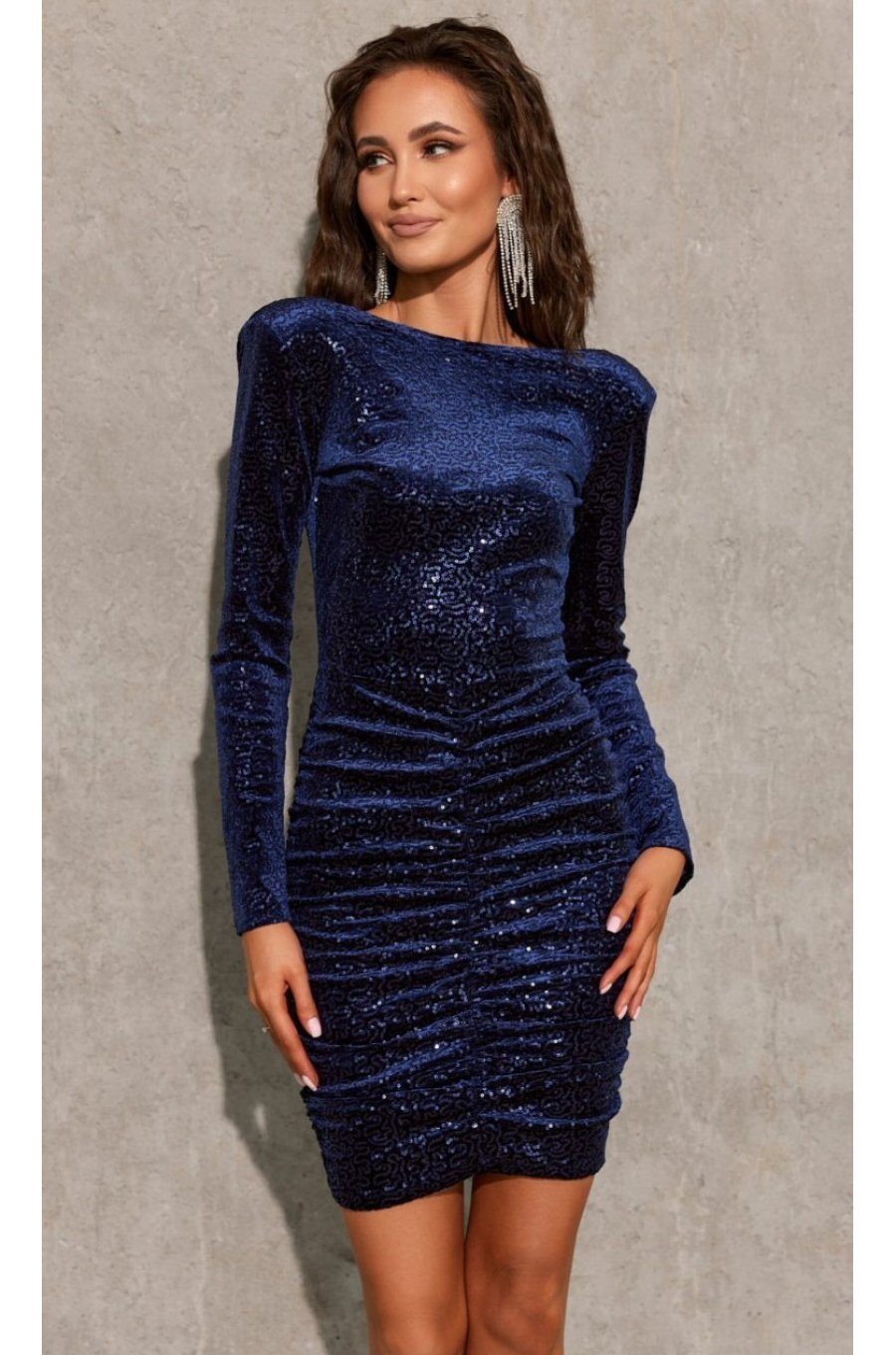 Rochie scurta din paiete, bleumarin, mulata, cu maneca lunga, drapata, Lorin 1 - jojofashion.ro