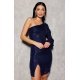 Rochie scurta mulata din paiete bleumarin cu maneca lunga si umar gol Kalifornia 2 - jojofashion.ro