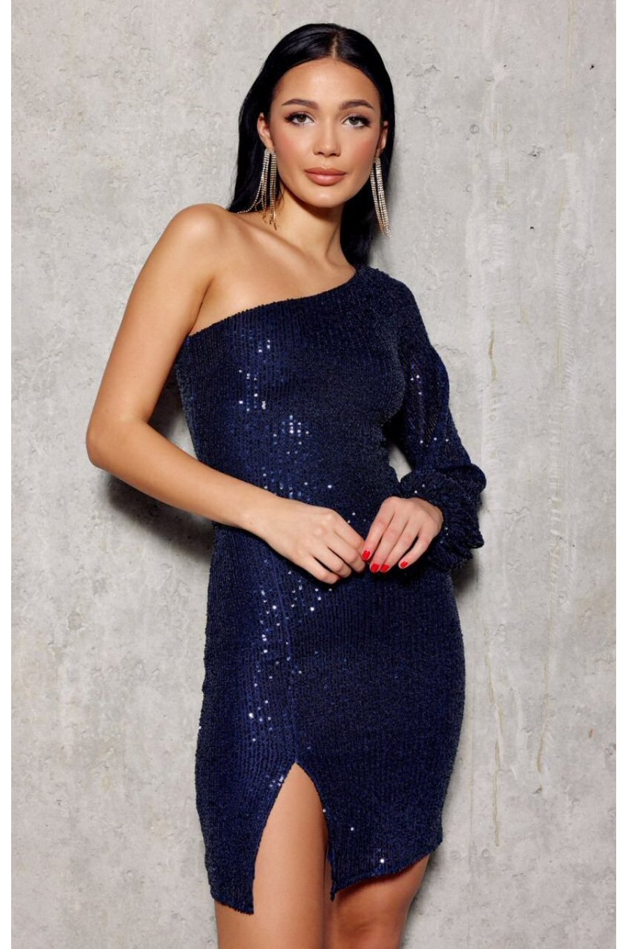 Rochie scurta mulata din paiete bleumarin cu maneca lunga si umar gol Kalifornia 1 - jojofashion.ro