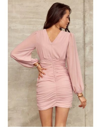 Rochie scurta roz pudra cu maneca lunga Elyanna Rochii scurte, Rochie scurta roz pudra cu maneca lunga Elyanna - jojofashion.ro