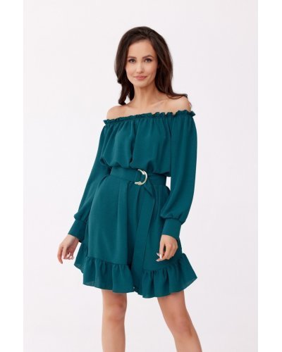 Rochie verde scurta cu volane umeri goi si maneca lunga Hilda Rochii de zi, Rochie verde scurta cu volane umeri goi si maneca lunga Hilda - jojofashion.ro