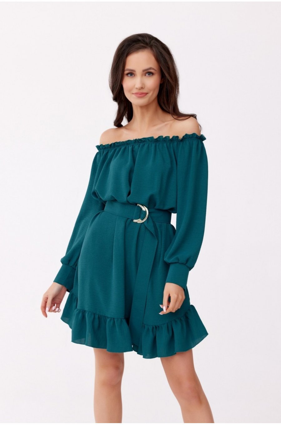 Rochie verde scurta cu volane umeri goi si maneca lunga Hilda 1 - jojofashion.ro