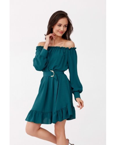 Rochie verde scurta cu volane umeri goi si maneca lunga Hilda Rochii de zi, Rochie verde scurta cu volane umeri goi si maneca lunga Hilda - jojofashion.ro