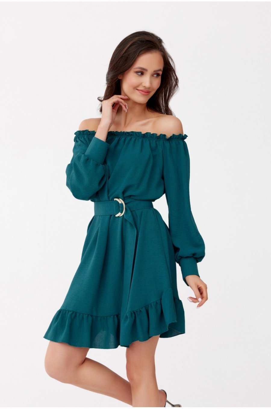 Rochie verde scurta cu volane umeri goi si maneca lunga Hilda 2 - jojofashion.ro