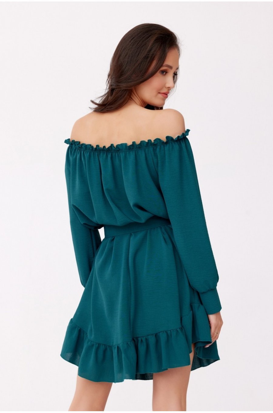 Rochie verde scurta cu volane umeri goi si maneca lunga Hilda 3 - jojofashion.ro