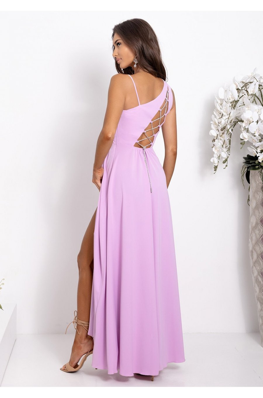 Rochie domnisoara onoare lunga lila cu un umar gol vaporoasa Monako 2 - jojofashion.ro