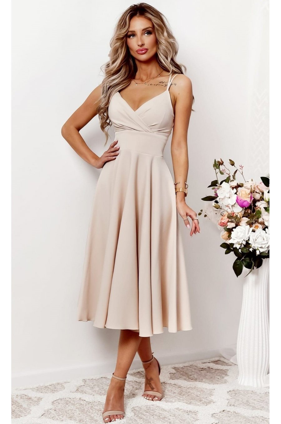 Rochie baby doll midi din bumbac bej in clos retro TifaniW3 1 - jojofashion.ro