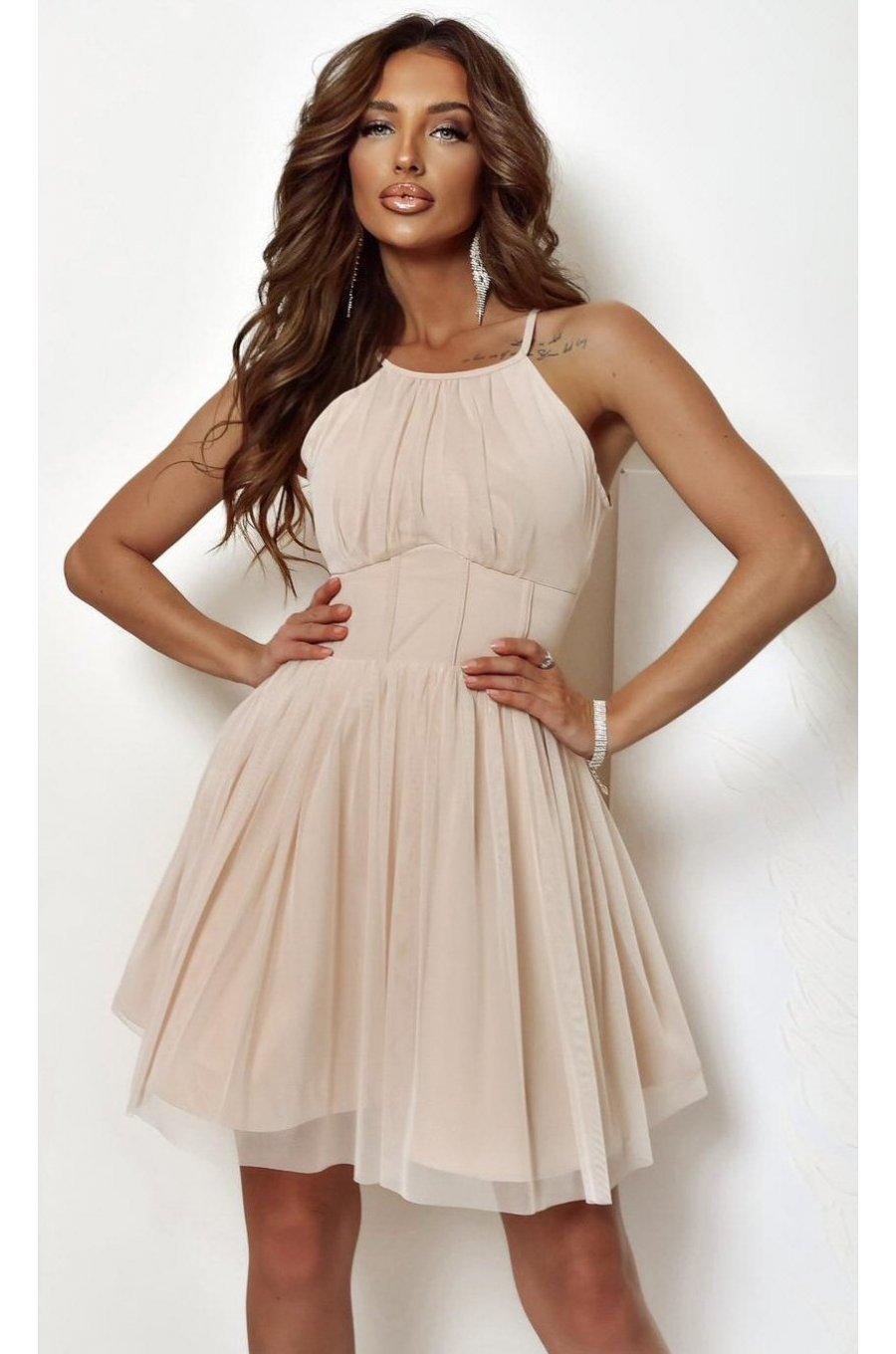 Rochie baby doll scurta din tulle bej SindiW 1 - jojofashion.ro
