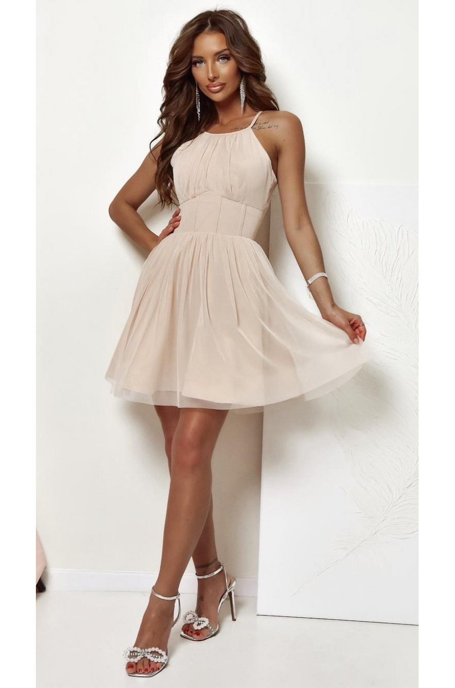 Rochie baby doll scurta din tulle bej SindiW 3 - jojofashion.ro