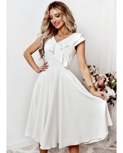 Rochie cununie civila midi, ecru, cu volane pe bust, FalbanaW Rochii cununie civila, Rochie cununie civila midi, ecru, cu volane pe bust, FalbanaW - jojofashion.ro