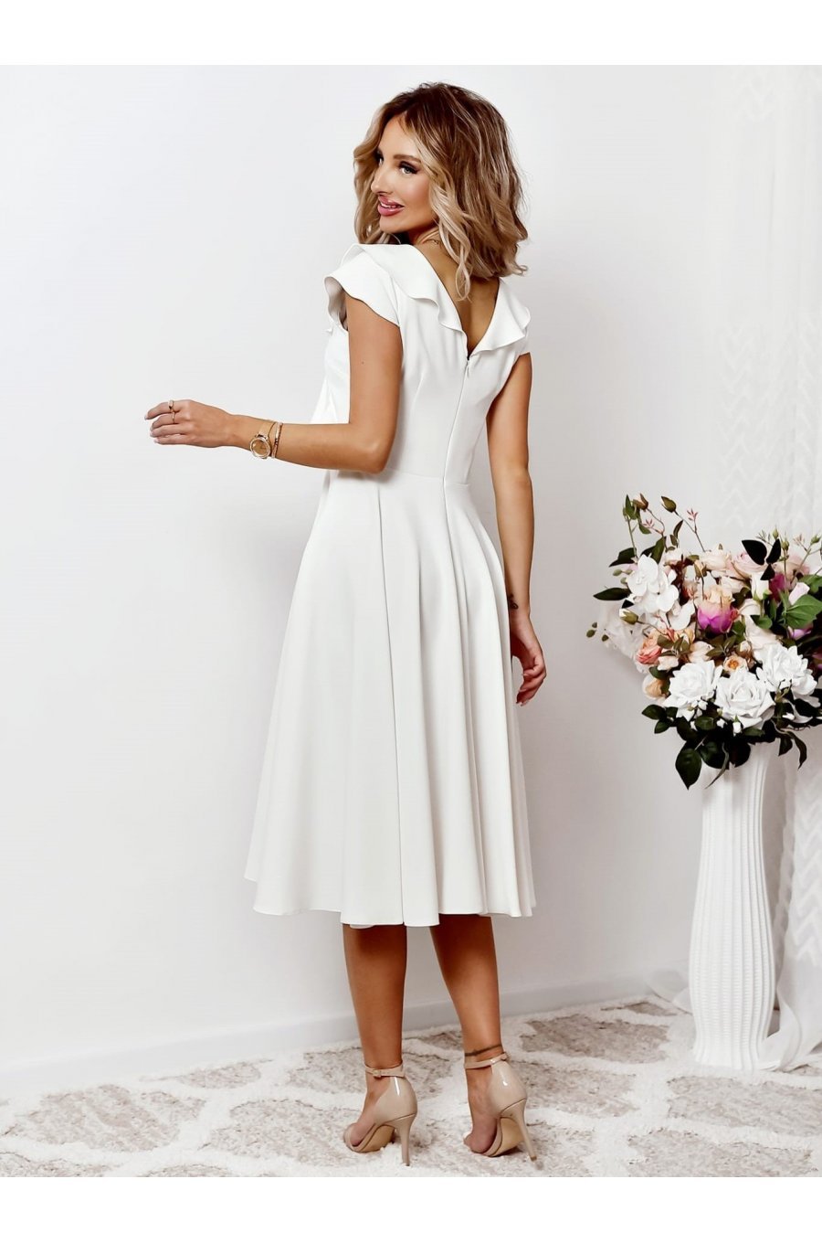 Rochie cununie civila midi, ecru, cu volane pe bust, FalbanaW 2 - jojofashion.ro