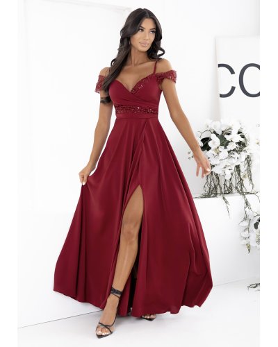 Rochii, Rochie de ocazie eleganta lunga burgundy cu umeri goi si paiete Valentina2 - jojofashion.ro