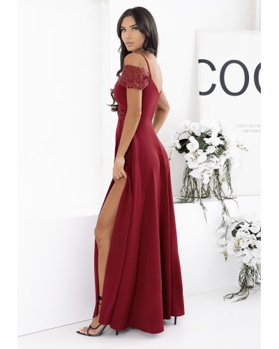 Rochii, Rochie de ocazie eleganta lunga burgundy cu umeri goi si paiete Valentina2 - jojofashion.ro