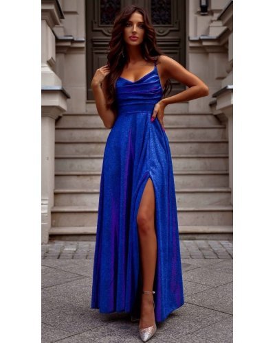 Rochie lunga eleganta din brocard albastra cu reflexii amaranth cu umerii goi si bust tip corset ValeriaLux Rochii lungi, Rochie lunga eleganta din brocard albastra cu reflexii amaranth cu umerii goi si bust tip corset ValeriaLux - jojofashion.ro