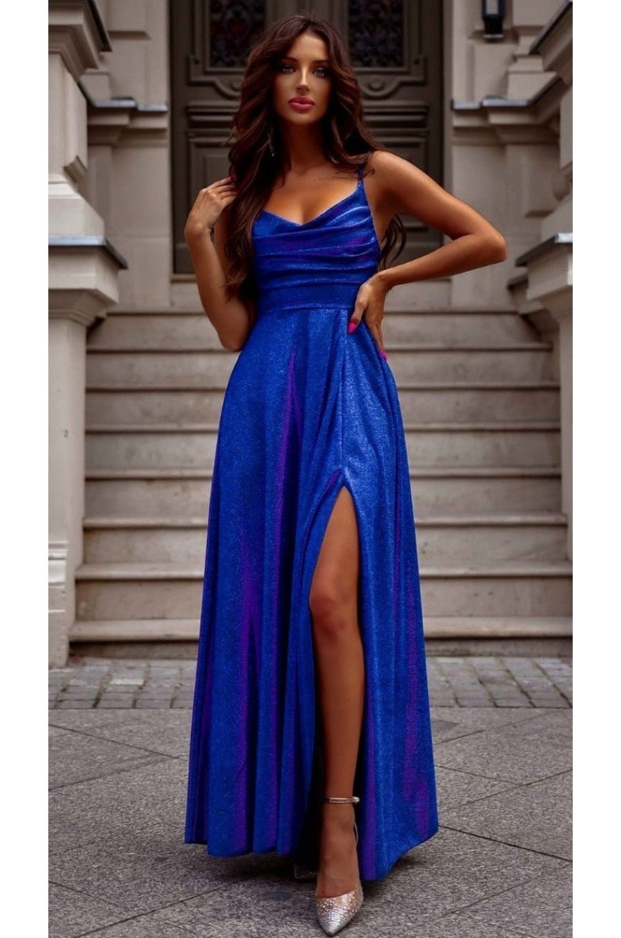 Rochie lunga eleganta din brocard albastra cu reflexii amaranth cu umerii goi si bust tip corset ValeriaLux 1 - jojofashion.ro