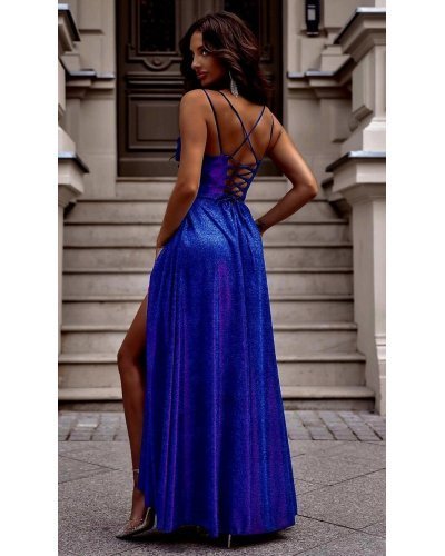 Rochie lunga eleganta din brocard albastra cu reflexii amaranth cu umerii goi si bust tip corset ValeriaLux Rochii lungi, Rochie lunga eleganta din brocard albastra cu reflexii amaranth cu umerii goi si bust tip corset ValeriaLux - jojofashion.ro
