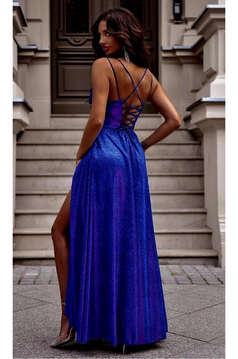 Rochie lunga eleganta din brocard albastra cu reflexii amaranth cu umerii goi si bust tip corset ValeriaLux 2 - jojofashion.ro