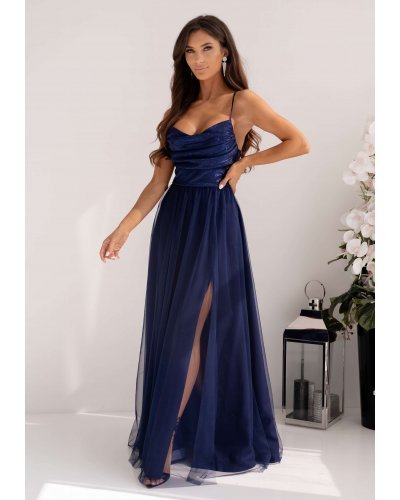 Rochie lunga din tulle si brocard bleumarin cu bustul tip corset si umerii goi RubyW Rochii, Rochie lunga din tulle si brocard bleumarin cu bustul tip corset si umerii goi RubyW - jojofashion.ro