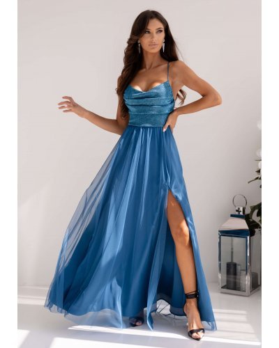 Rochie de ocazie eleganta lunga din tulle si brocard turcoaz cu bustul tip corset si umerii goi RubyW Rochii lungi, Rochie de ocazie eleganta lunga din tulle si brocard turcoaz cu bustul tip corset si umerii goi RubyW - jojofashion.ro