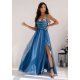 Rochie de ocazie eleganta lunga din tulle si brocard turcoaz cu bustul tip corset si umerii goi RubyW 2 - jojofashion.ro