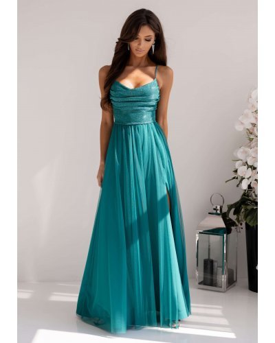 Rochie de ocazie eleganta lunga verde din tulle si brocard cu bustul tip corset si umerii goi RubyW Rochii lungi, Rochie de ocazie eleganta lunga verde din tulle si brocard cu bustul tip corset si umerii goi RubyW - jojofashion.ro