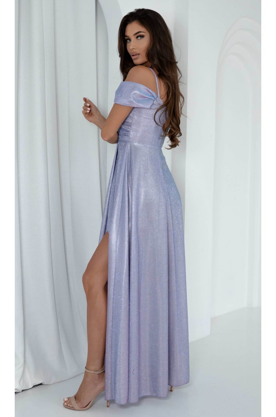 Rochie de ocazie lunga eleganta din glitter bleu cu reflexii roz umerii goi ValentinaLux 2 - jojofashion.ro