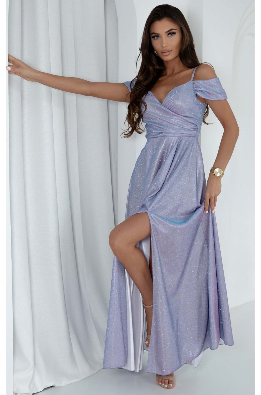 Rochie de ocazie lunga eleganta din glitter bleu cu reflexii roz umerii goi ValentinaLux 3 - jojofashion.ro