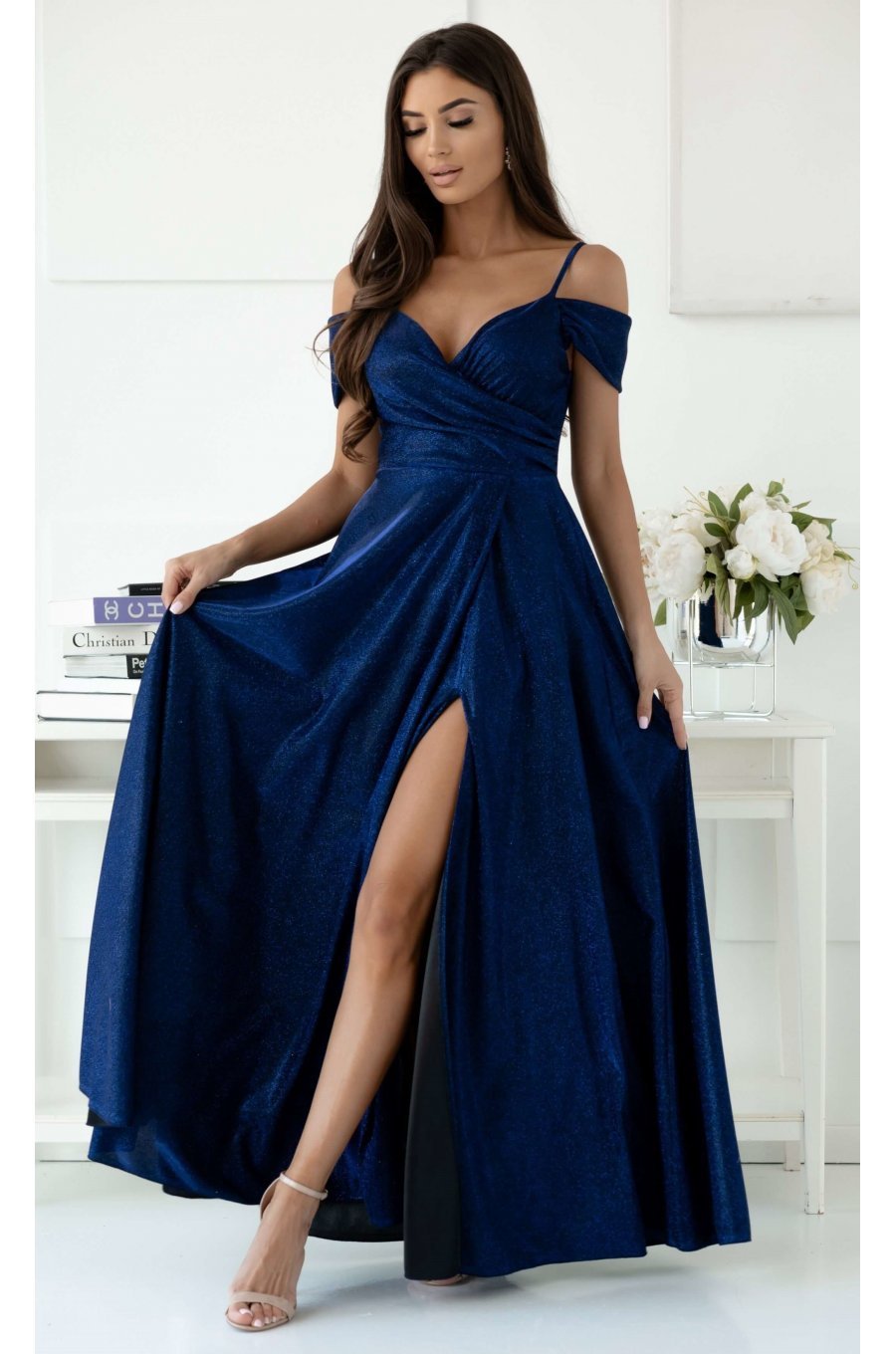 Rochie de ocazie lunga eleganta din glitter bleumarin cu umerii goi ValentinaLux 1 - jojofashion.ro